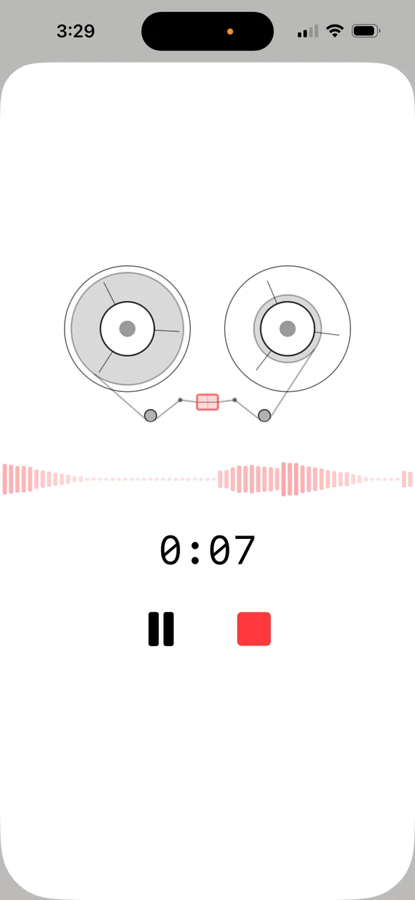 SR-7 on iPhone while recording: two tape reels, a live waveform and a 0:07 counter.