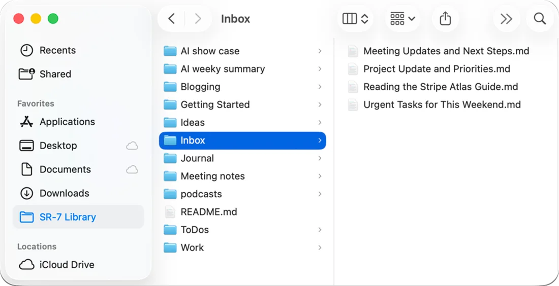 Finder showing the SR-7 Library folder: project folders such as Ideas, Journal, Work and Inbox, a README.md, and four markdown files inside Inbox.