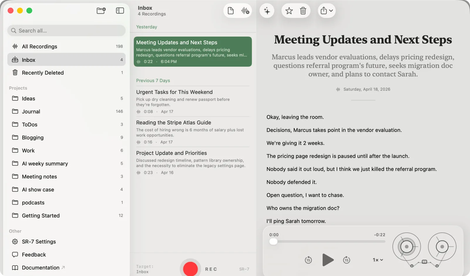 Signal Recorder SR-7 on the Mac: projects in the sidebar, the Inbox list, and a recording titled Meeting Updates and Next Steps with its summary, transcript and reel-to-reel player.