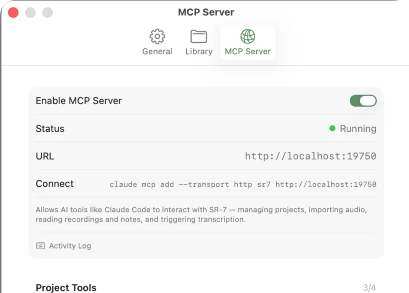 SR-7's MCP Server settings on the Mac: the server switched on and running at http://localhost:19750, the claude mcp add command, the Activity Log and the start of the Project Tools list, three of four switched on.
